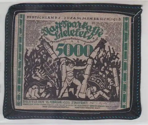 rare Stoff Banknote 5000 Mark Bielefeld 1922 grün mit schwarzer Borde bankfrisch