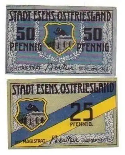 2 Banknoten Notgeld Stadt Esens Ostfriesland um 1921