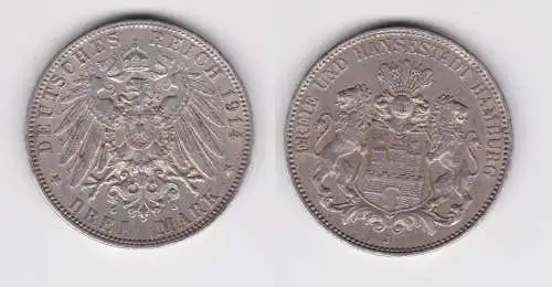 3 Mark Silbermünze Freie und Hansestadt Hamburg 1914 Jäger 64 ss (157767)