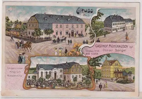 18584 Ak Lithographie Gruß aus Gasthof Mühlhausen im Vogtland Bad Elster 1907