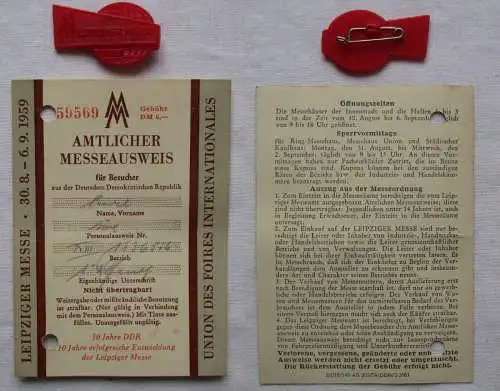 DDR Abzeichen Leipziger Messe Frühjahr 1959 plus Messeausweis (168868)
