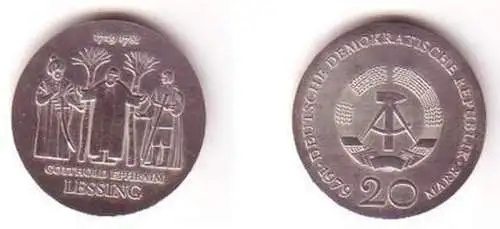 DDR Silber Gedenk Münze 20 Mark Gotthold Ephraim Lessing 1979 Stempelglanz