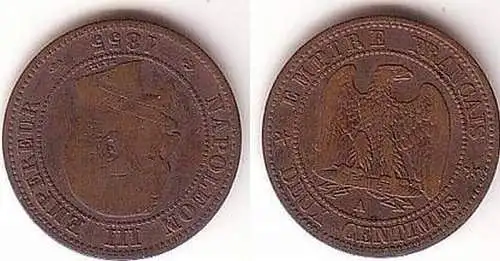 2 Centimes Kupfer Münze Frankreich 1855