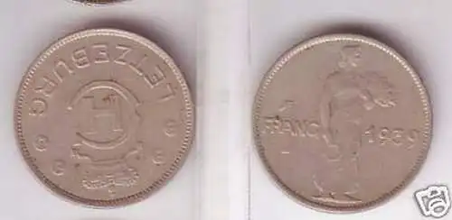 1 Franc Nickel Münze Luxemburg 1939