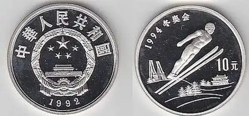Silber Münze China 10 Yuan Skispringer 1992