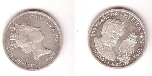 10 Dollar Silber Münze Cook Inseln 1990 500 Jahre Amerika, Schiff Kolumbus