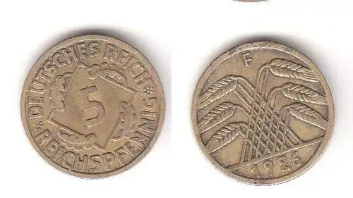 5 Reichspfennig Messing Münze Deutsches Reich 1926 F, Jäger 316 (112487)