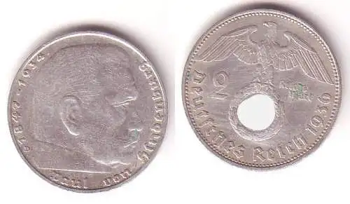 2 Mark Silber Münze 3. Reich Hindenburg 1936 D Jäger 366 (112260)
