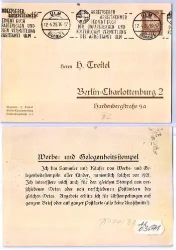 03671 Privat Ganzsachen Postkarte PP77/ B2 H. Treitel Berlin-Charlottenburg 1928