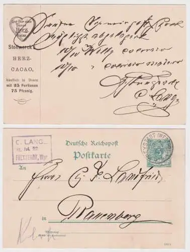 51213 DR Ganzsachen Postkarte PP9/ G12 Reklame Stollwercks Herz Cacao 1892