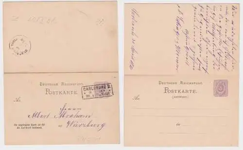 96190 DR Ganzsachen Postkarte P7I/01 Carlsruhe nach Würzburg 1877