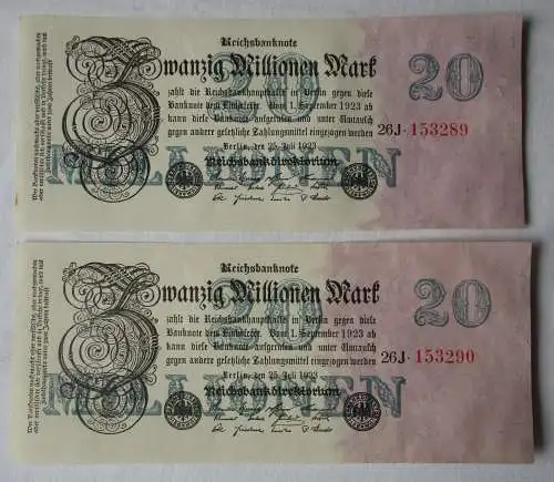 2 x 20 Millionen Mark 25.7.1923 mit fortlaufender Nummer UNC (144290)