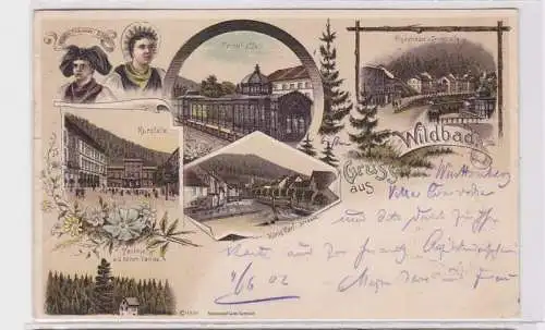 92448 AK Gruss aus Wildbad, Trinkhalle, Kurplatz, König Karl- & Olgastrasse 1902