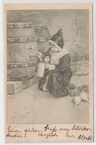 58180 Ak Münchner Kindl füllt Bier vom Fass in einen Masskrug 1901