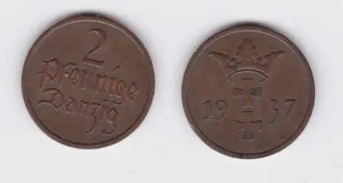 2 Pfennig Kupfer Münze Danzig 1937 Jäger D 3 ss+ (138316)
