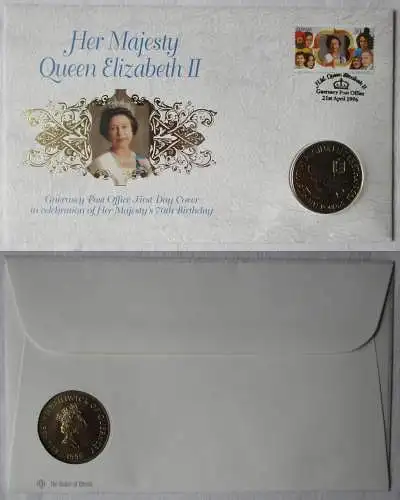 1996 HM Queen Elizabeth II 70. Geburtstag 5 Pfund Münzumschlag Guernsey (117226)