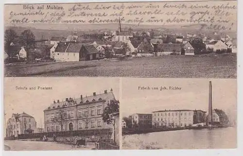 88472 AK Blick auf Mühlau - Schule und Postamt, Fabrik von Joh. Richter 1920