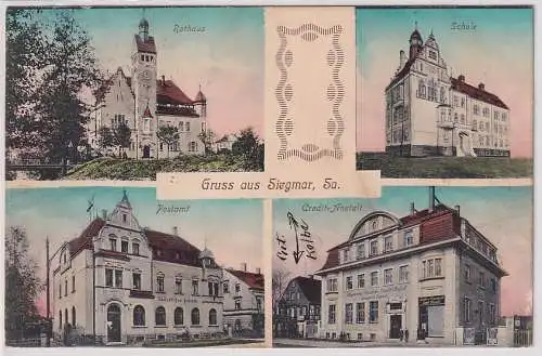 43608 AK Gruss aus Siegmar - Rathaus, Schule, Postamt, Credit-Anstalt 1914