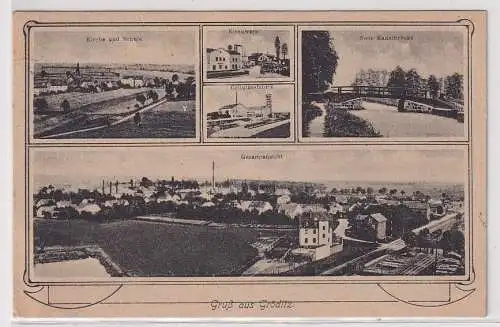 58852 AK Gruß aus Gröditz - Kirche, Schule, Neue Kanalbrücke, Eisenwerk 1923