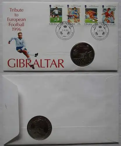 Numisbrief mit 1 Crown Gibraltar Fussball EM 1996 in England Stgl. (114795)