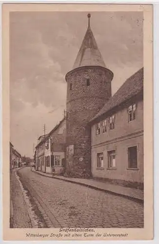 43173 Ak Gräfenhainichen Wittenberger Straße mit altem Turm Untervorstadt 1930