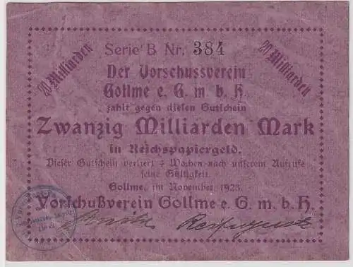 20 Mrd. Mark Banknote Vorschußverein Gollme Gollma b. Delitzsch 1923 (118966)