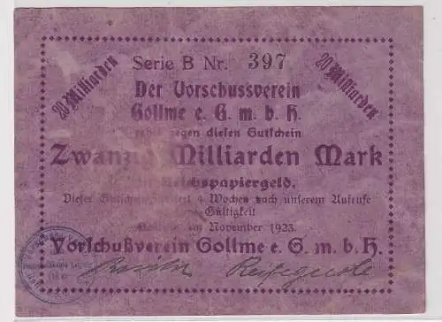 20 Mrd. Mark Banknote Vorschußverein Gollme Gollma b. Delitzsch 1923 (113232)
