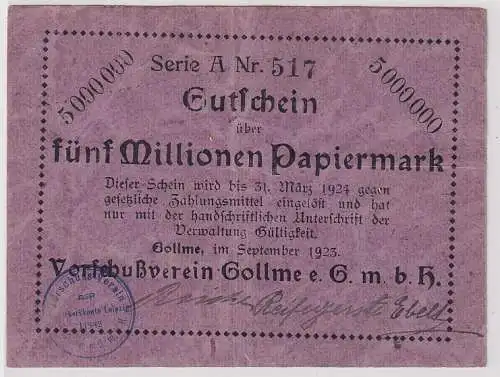 5 Millionen Mark Banknote Vorschußverein Gollme Gollma b.Delitzsch 1923 (113162)