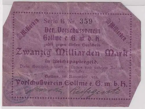 20 Mrd. Mark Banknote Vorschußverein Gollme Gollma b. Delitzsch 1923 (118965)
