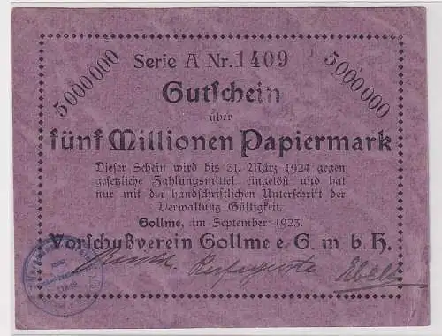 5 Millionen Mark Banknote Vorschußverein Gollme Gollma b.Delitzsch 1923 (112583)