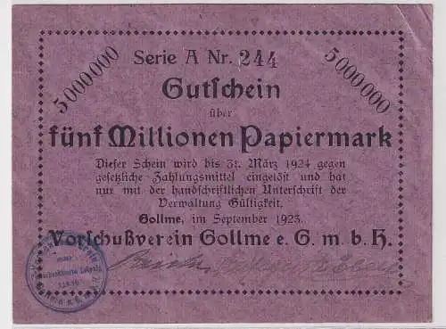 5 Millionen Mark Banknote Vorschußverein Gollme Gollma b.Delitzsch 1923 (111582)