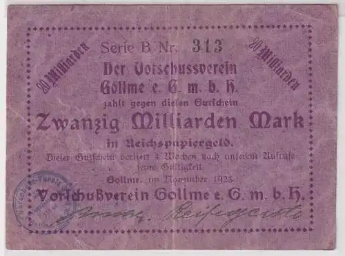 20 Mrd. Mark Banknote Vorschußverein Gollme Gollma b. Delitzsch 1923 (114458)