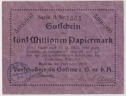 5 Millionen Mark Banknote Vorschußverein Gollme Gollma b.Delitzsch 1923 (119267)