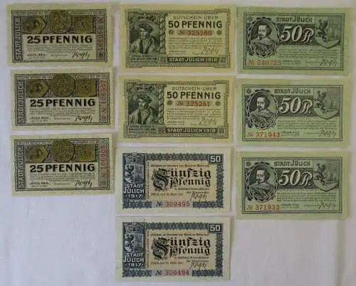 3 x 25 & 7x 50 Pfennig Banknoten Notgeld Stadt Jülich 1917/1919 (111215)