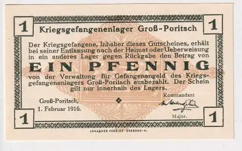 1 Pfennig Banknote Kriegsgefangenlager Groß-Poritsch 1.Februar 1916 (159319)