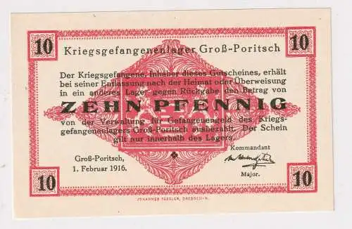 10 Pfennig Banknote Kriegsgefangenlager Groß-Poritsch 1.Februar 1916 (158612)