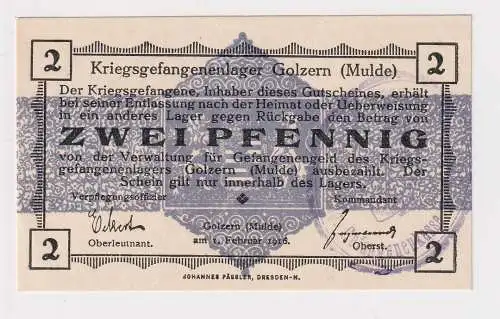2 Pfennig Banknote Kriegsgefangenenlager Golzern Mulde 1.Weltkrieg (157721)
