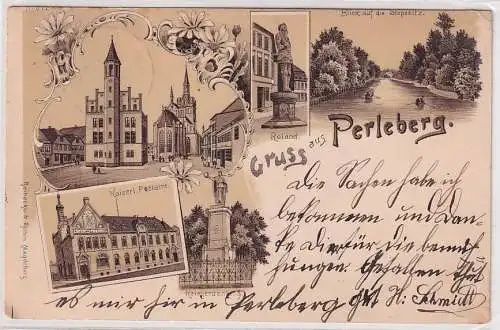 88987 Ak Lithographie Gruß aus Perleberg Kriegerdenkmal, Postamt usw. 1899