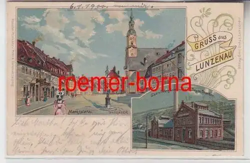 75002 Ak Lithografie Gruss aus Lunzenau Elekt.-Werk + Marktplatz 1900