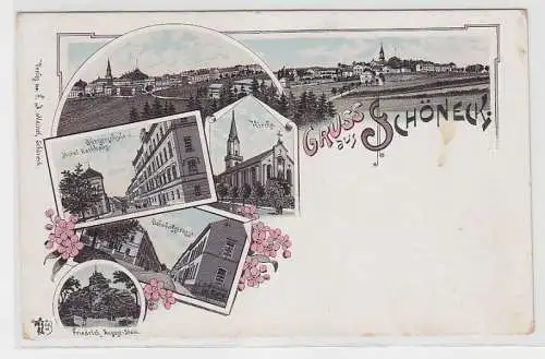71089 Ak Lithographie Gruss aus Schöneck Bürgerschule usw. um 1900