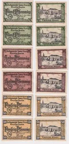6 Banknoten Notgeld Gemeinde Tanna Reuß je 2 x 5, 10 & 50 Pfennig 1920 (158629)