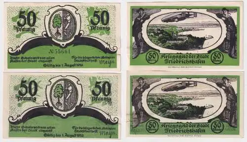 2 Banknoten Notgeld Kriegsgeld der Stadt Friedrichshafen 50 Pf. 1920 (155818)