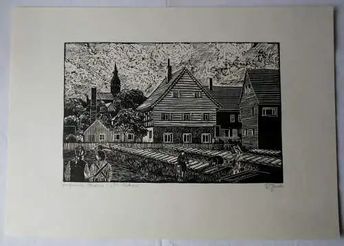 Linolschnitt Künstler R. Jacobi Langenleuba-Oberhain LPG-Gärtnerei (157103)