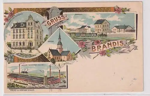 55647 Ak Lithographie Gruß aus Brandis Bahnhof, Restaurant zur Eisenbahn usw. 