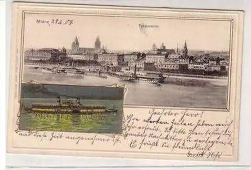 47391 geprägte Ak Mainz Totalansicht Rhein Dampfer 1904