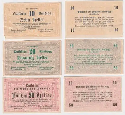 10,20 und 50 Heller Banknoten Notgeld Gemeinde Randegg 1920 (169076)