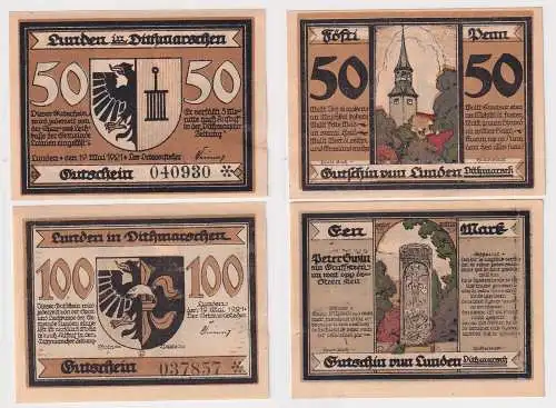 50 Pfennig und 1 Mark Banknoten Notgeld Lunden in Dithmarschen (167600)
