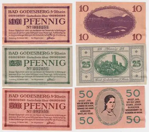 3 Banknoten Notgeld Stadt Bad Godesberg am Rhein 1921 (111720)