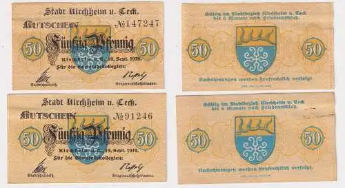 2x 50 Pfennig Banknoten Notgeld Kirchheim u. Teck 1918 (168840)