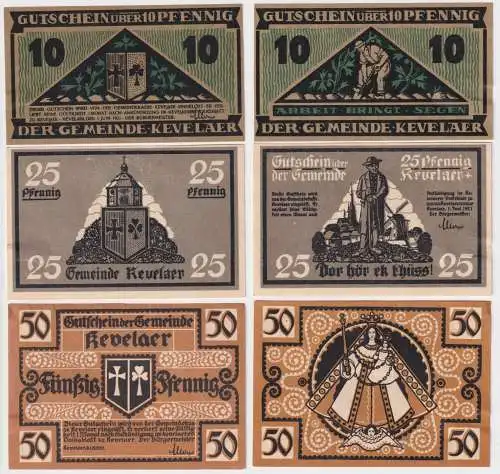 10, 25 & 50 Pfennig Banknoten Notgeld Stadt Kevelaer 1921 (168887)
